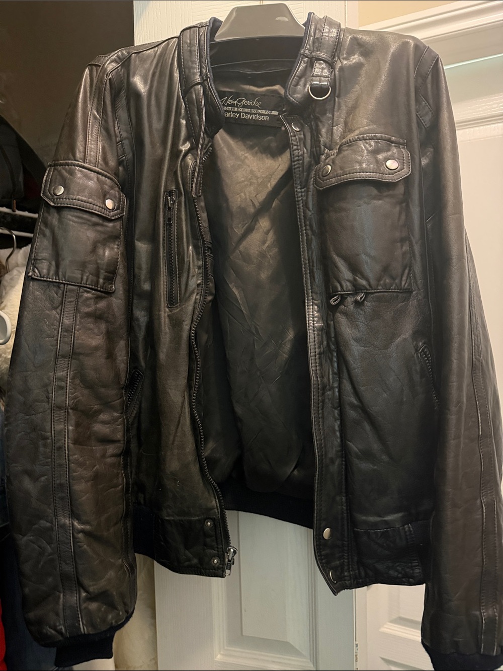 Harley-Davidson Black Leather Bomber Jacket with Snap Pockets